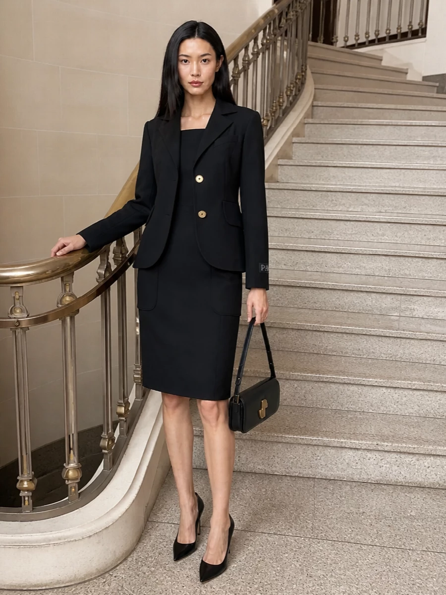 Patou black blazer sheath dress outfit