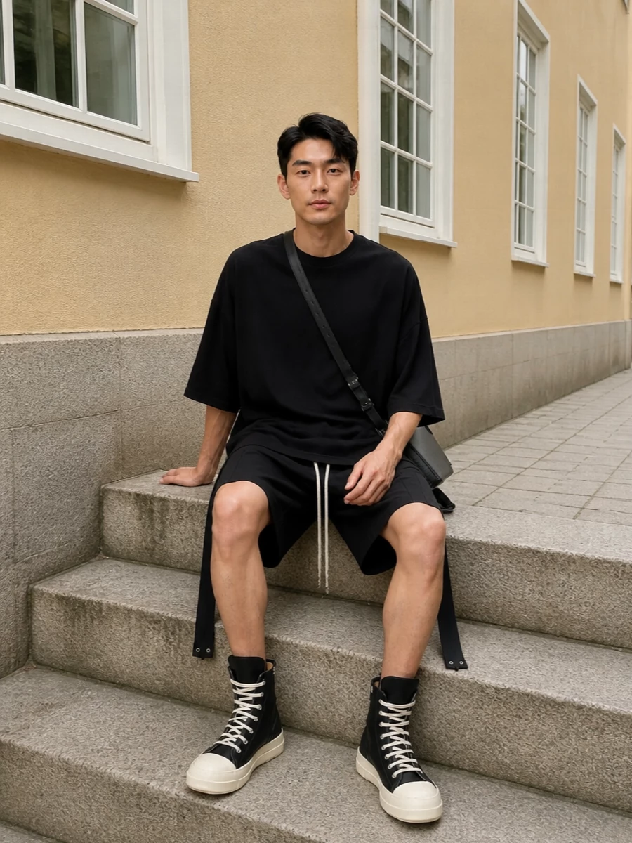 Rick owens drkshdw black tee shorts high tops
