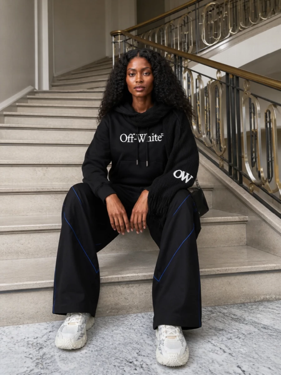 Off white black wide leg pants hoodie sneakers