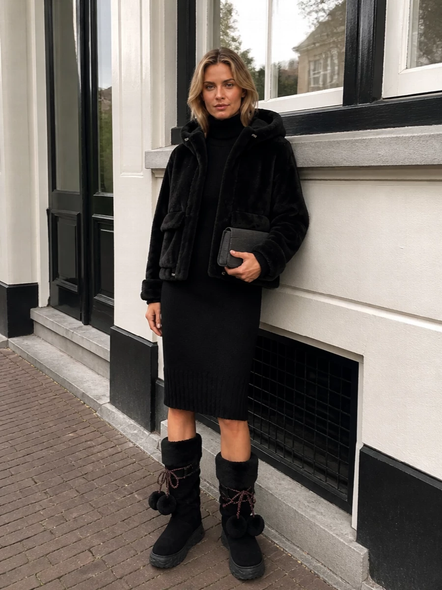 Moncler sweater dress faux fur jacket outfit