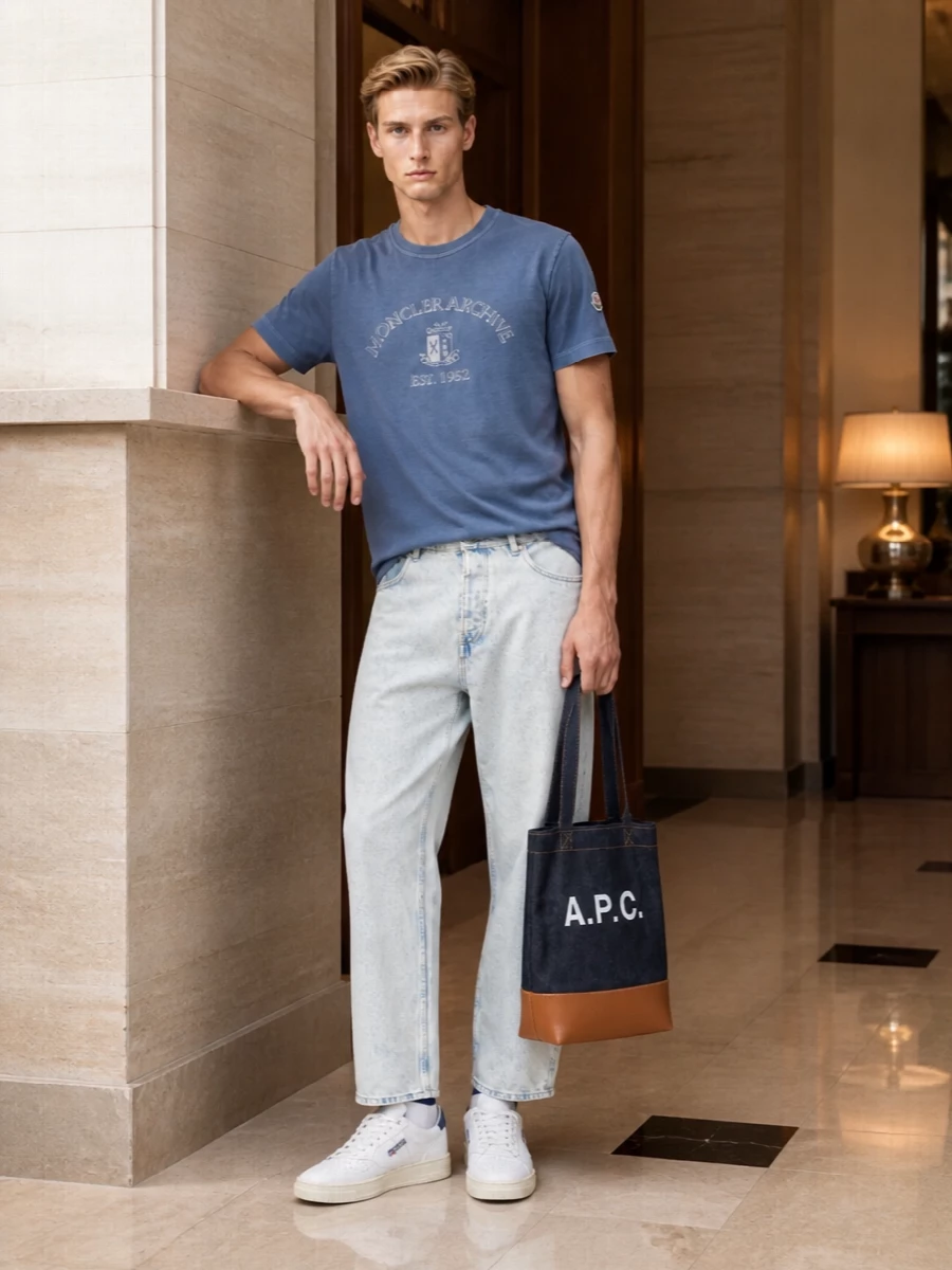 Moncler archive tshirt light wash jeans outfit
