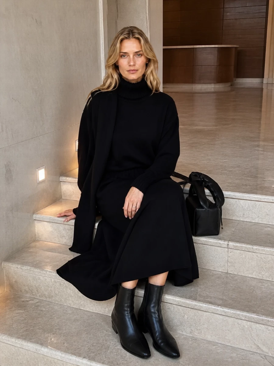 Extreme cashmere black turtleneck knit midi skirt