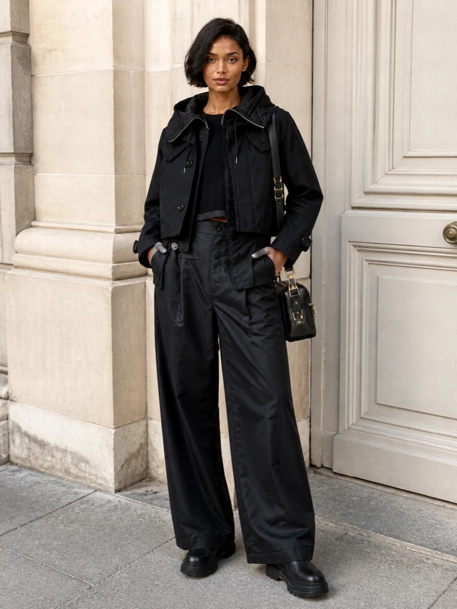 I’m anchoring this with top and trouser rather than a dress so the Sacai jacket can really play with proportion over a clean, elongated column. The cropped hybrid tee and high-waist wide leg echo its engineered details in a strict black and charcoal palette, then the platform Chelsea boots and small structured bag give the right amount of weight and gloss for city winter days. It feels utilitarian, tailored and quietly dramatic without a single element shouting for attention.