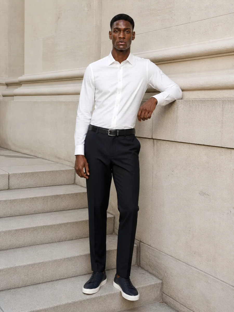 Emporio armani navy trousers white shirt outfit