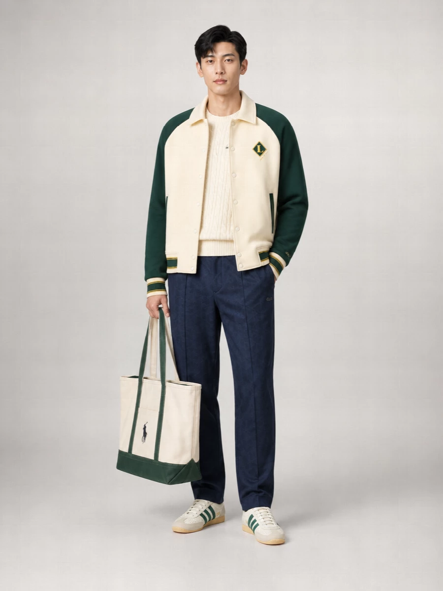 This is classic campus sport energy, with the cream cable knit and varsity jacket sitting in the same butter-and-forest palette, then grounded by deep navy track-inspired trousers. Retro off-white and green trainers echo the jacket’s sleeves and crest, while the canvas tote finishes it with a clean East Coast prep note that still feels easy for city days or weekend sidelines.