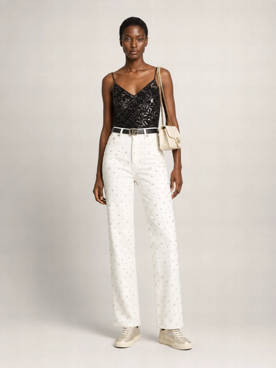 Golden Goose Denim Straight-Leg High-Rise Crystal-Embellished Trousers