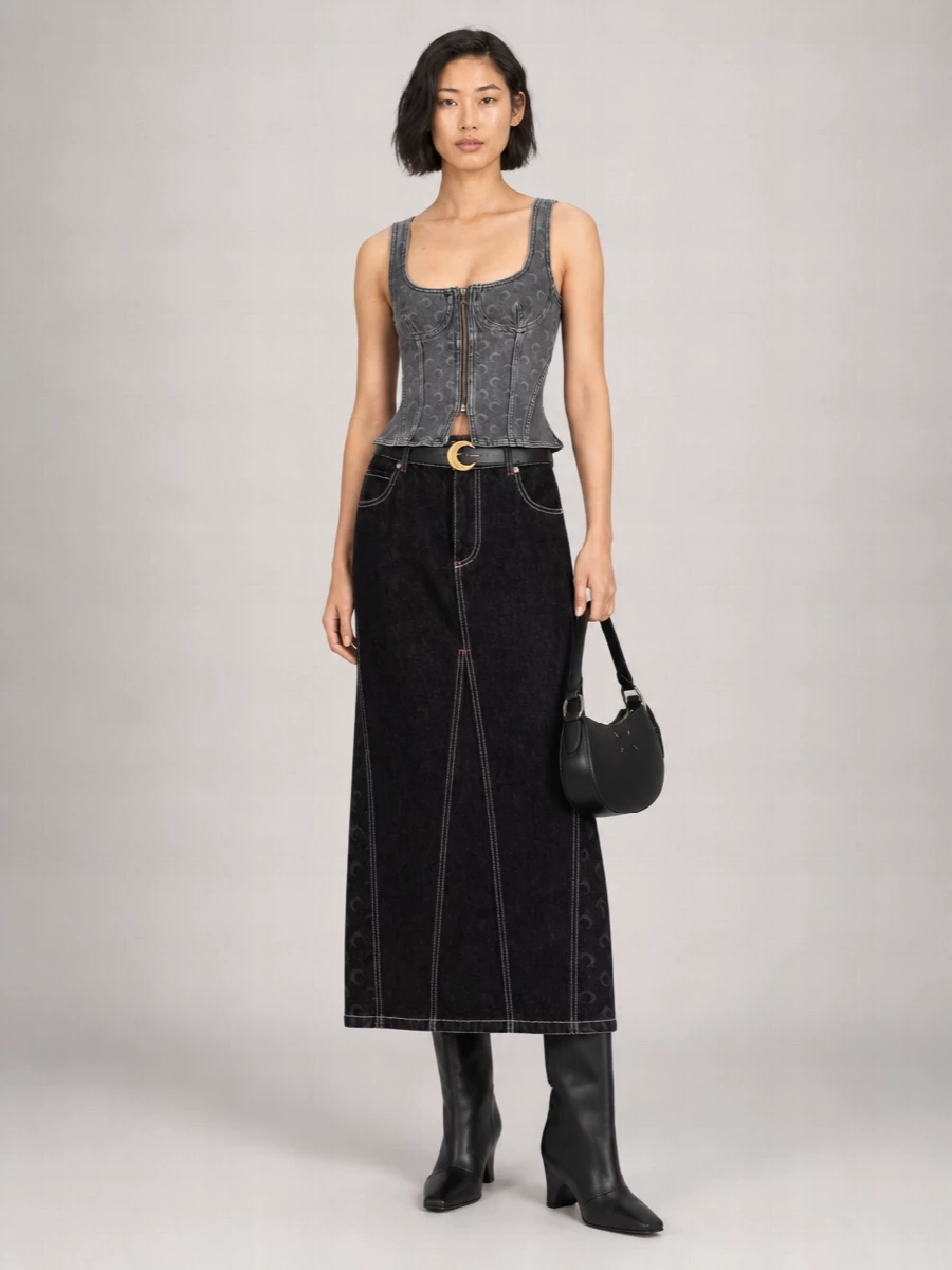 Marine Serre Denim Paneled Asymmetric Maxi Skirt