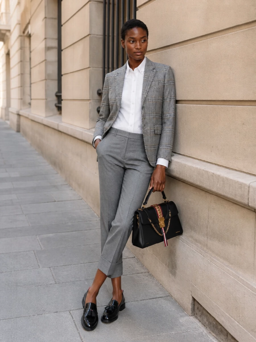 Thom browne checked blazer grey suit outfit