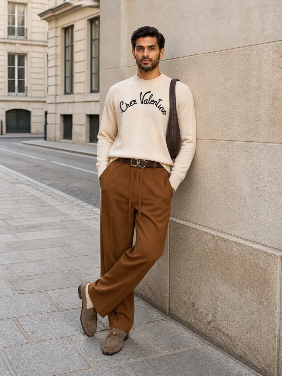 Valentino cream knit caramel trousers outfit