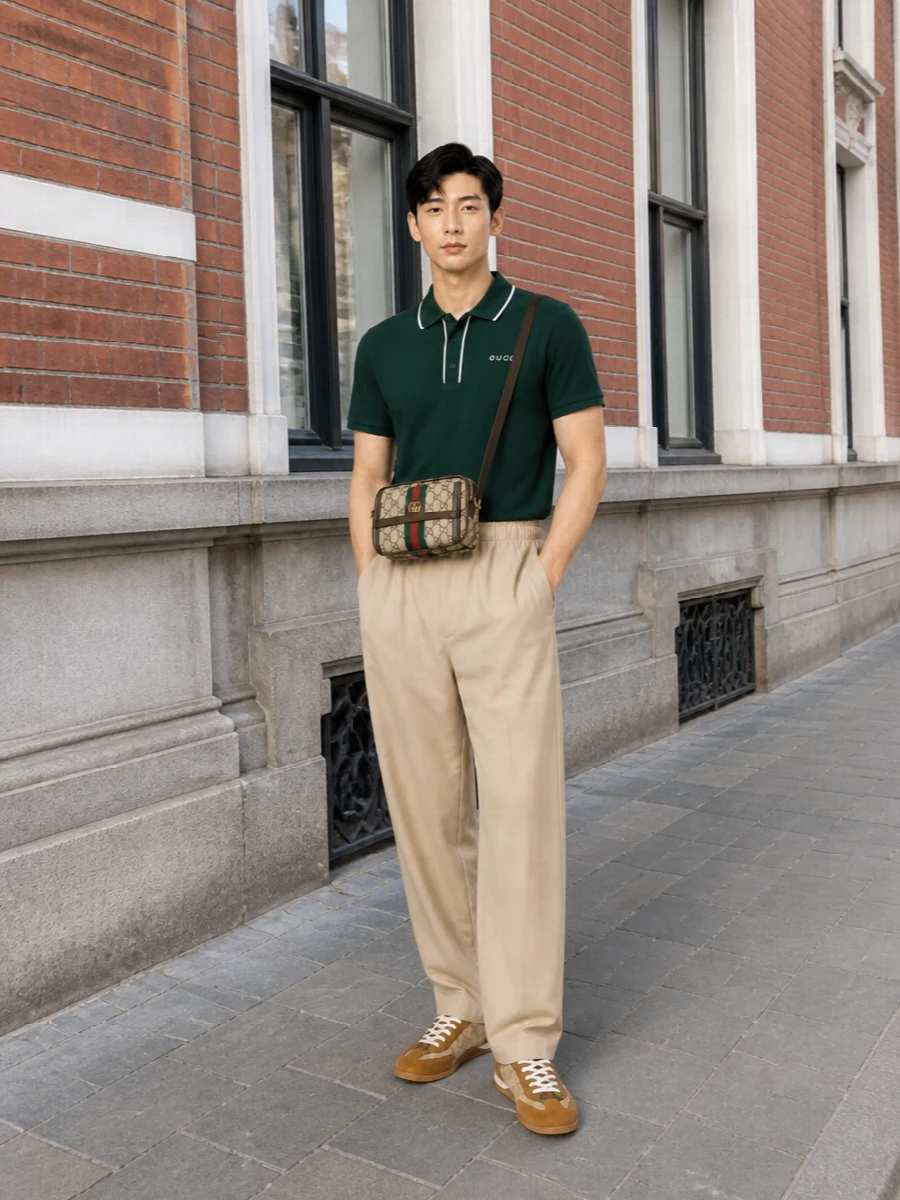 Forest green up top and soft beige through the leg let the tan GG runners take the spotlight while keeping everything clean and relaxed. The polo and loose trouser combination leans sporty but still sharp enough for city days and low-key evenings. The compact GG crossbody ties into the monogram story without crowding the silhouette.