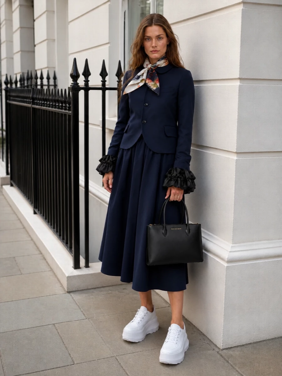 Comme des garcons navy jacket midi skirt outfit