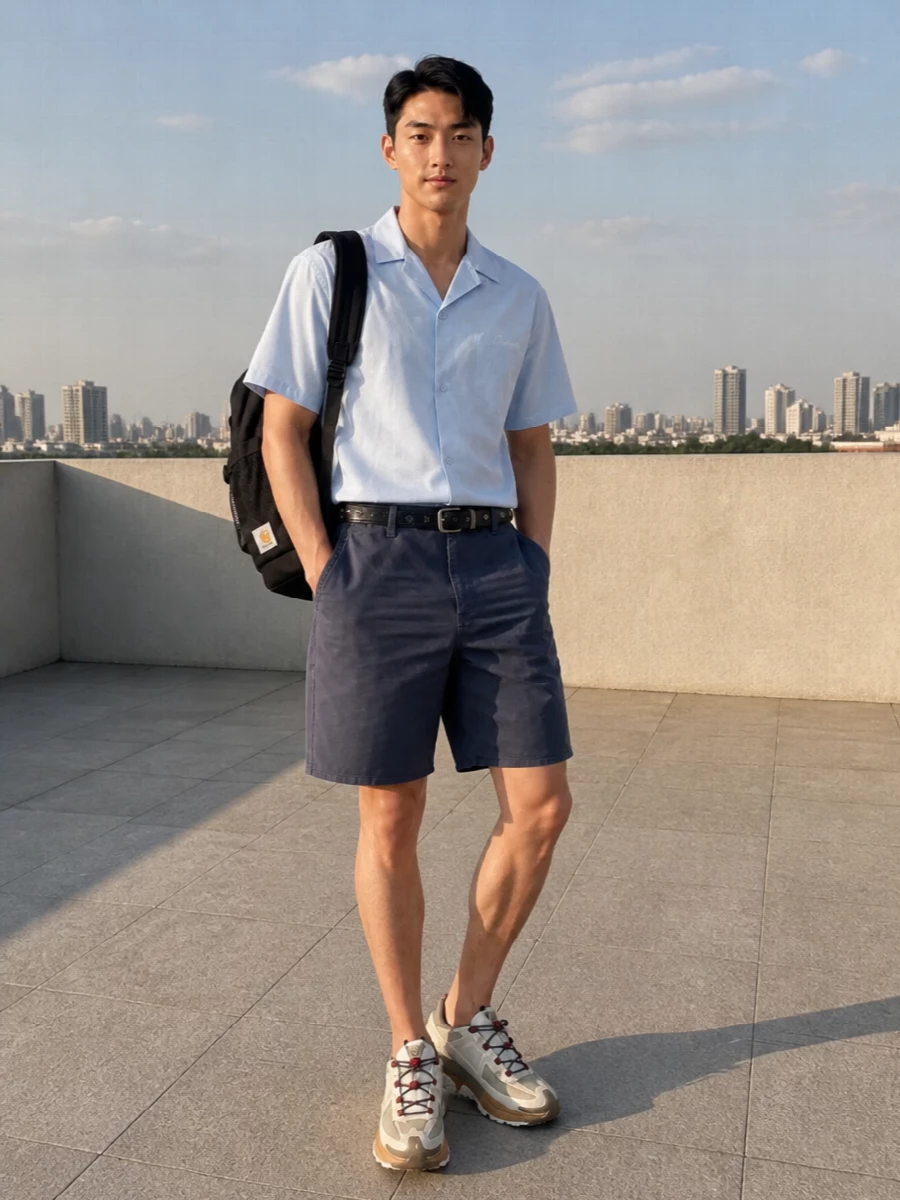 Carhartt blue shirt cargo shorts nike runners