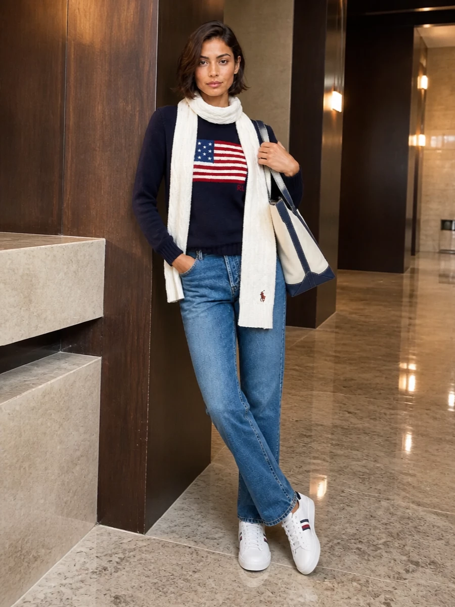 Ralph lauren flag sweater straight jeans outfit