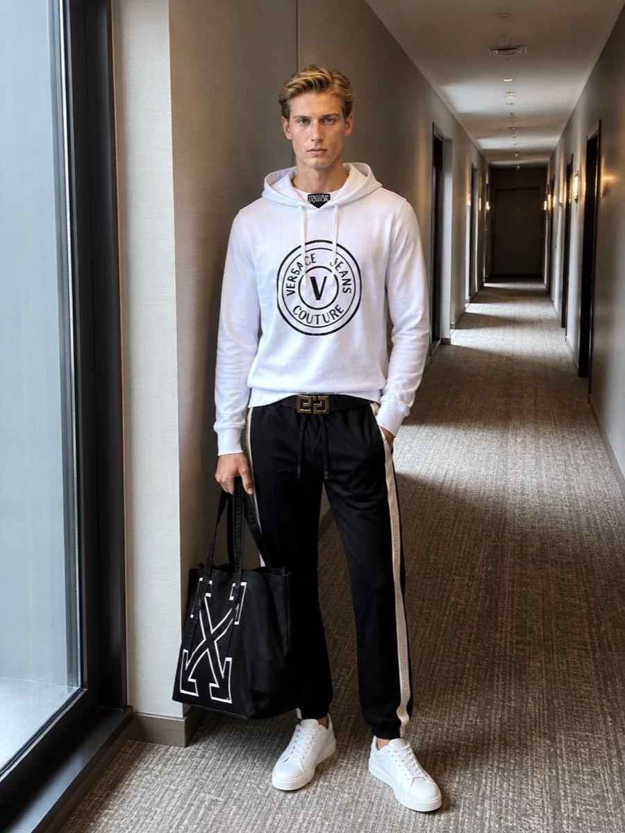 Versace hoodie black track pants white sneakers