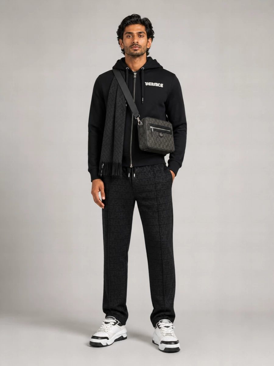 Versace Hooded Cotton Sweatshirt Ribbed Cuffs Hem