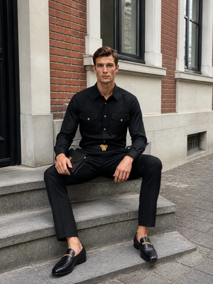 Versace black shirt trouser gold details