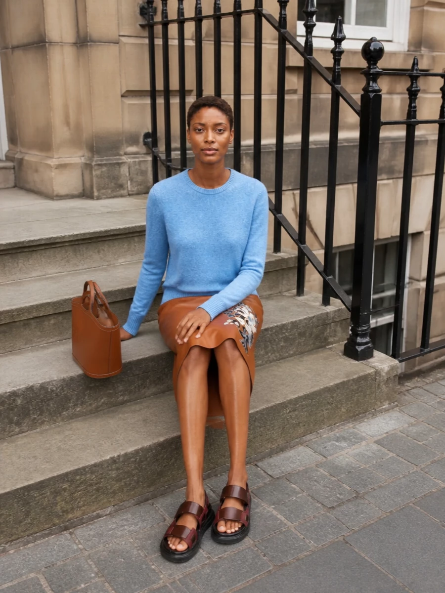 Marni powder blue sweater tan a line skirt outfit