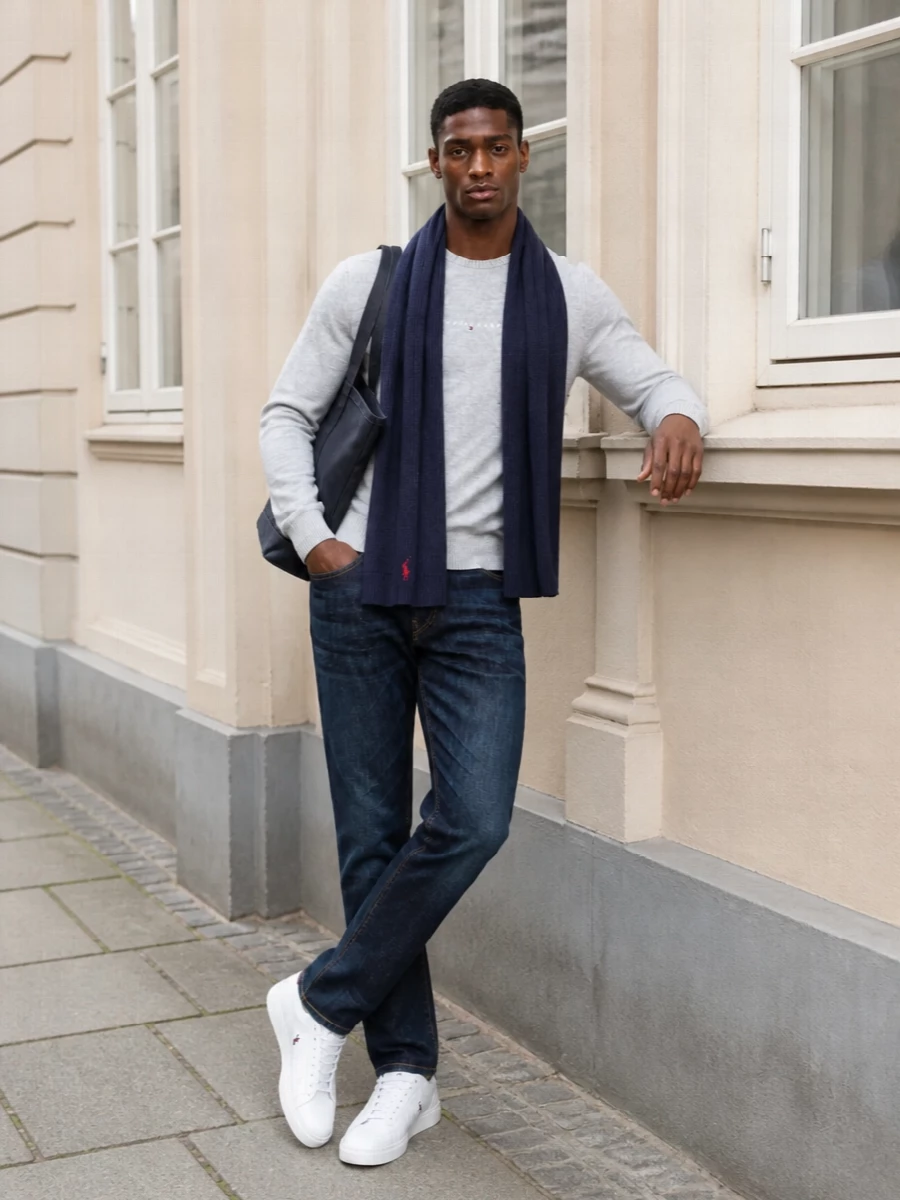 Tommy hilfiger grey sweater dark jeans sneakers