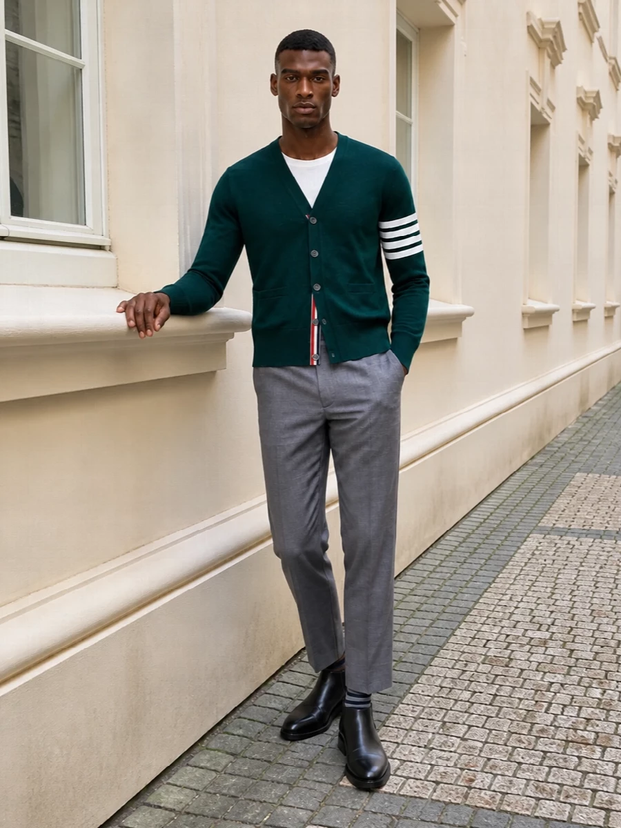 Thom browne green cardigan grey tailored trousers