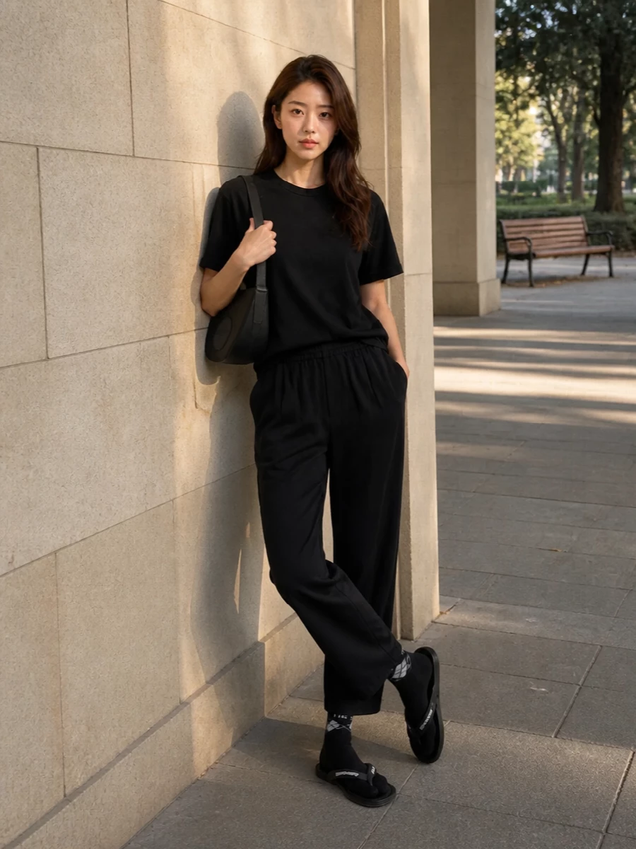 Alexander wang black tee track pants outfit