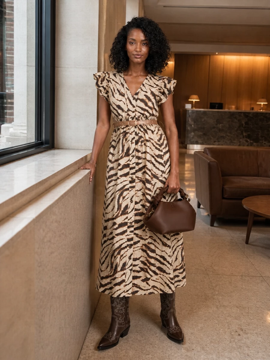 Ganni animal print maxi dress brown western boots