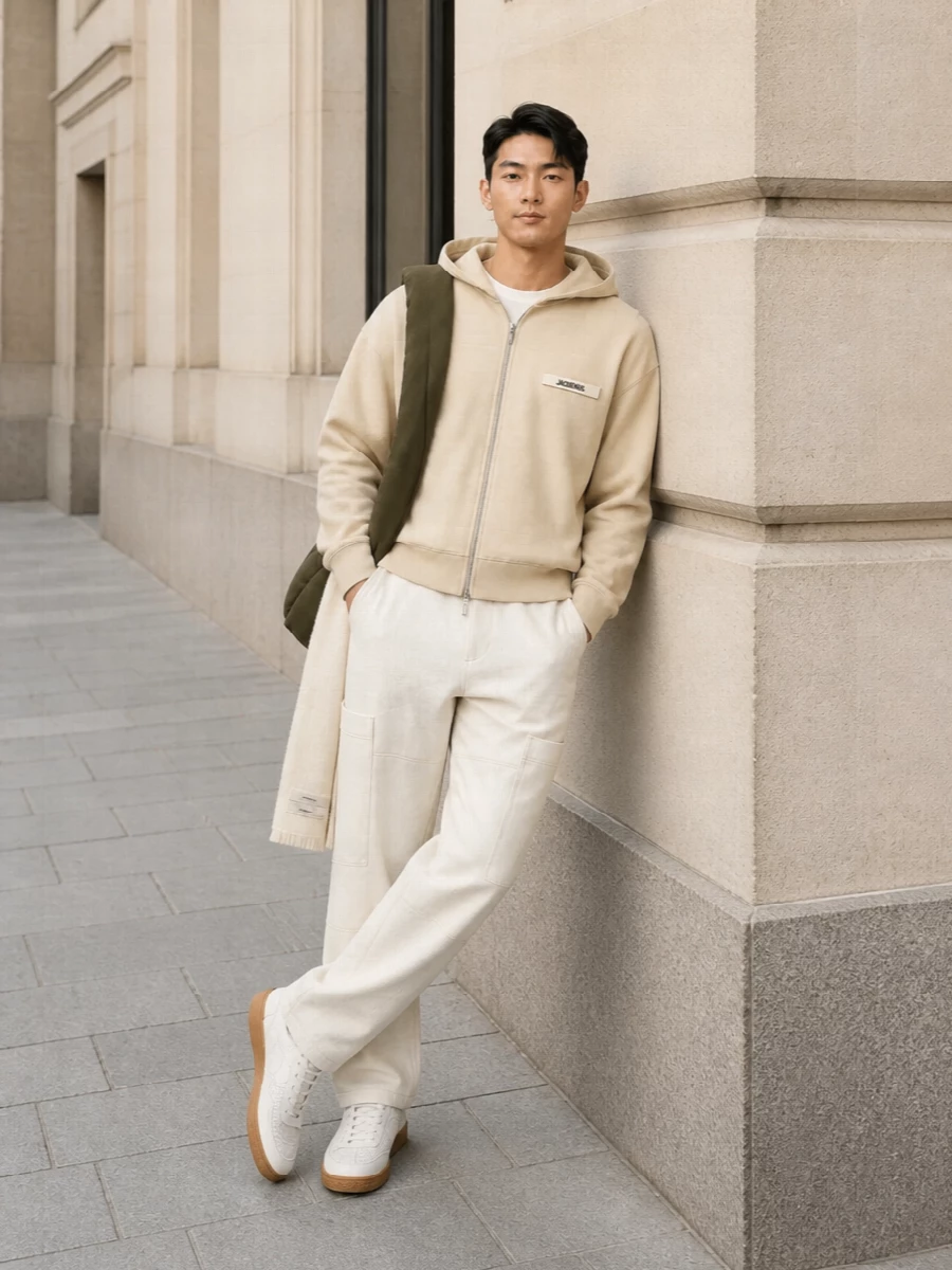Jacquemus zip hoodie cream cargo pants outfit