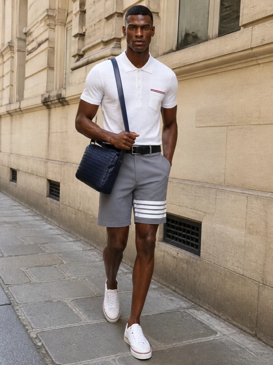 Thom browne white polo grey shorts summer outfit