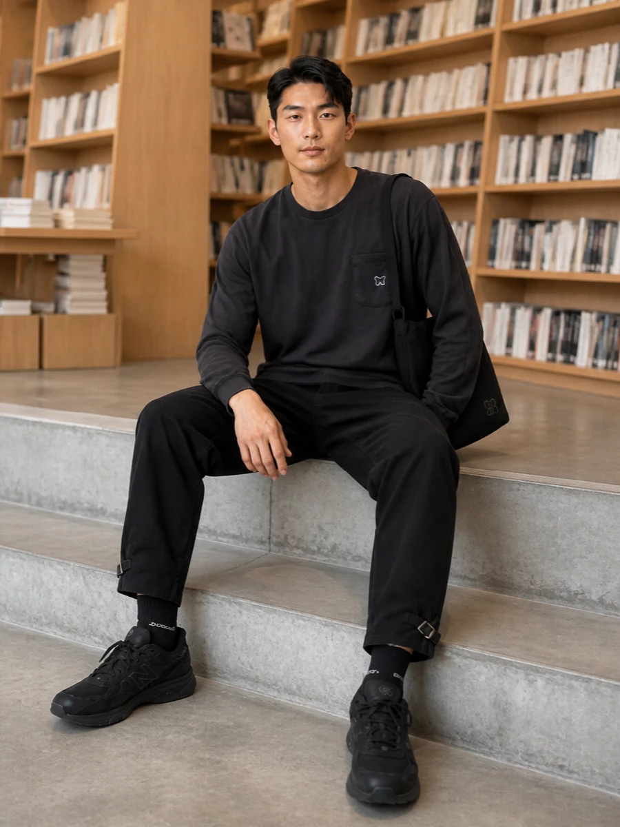 Charcoal on top and black through the base keep this outfit tightly edited, so the relaxed Needles tee and utility trouser do the talking. The technical runner and padded shoulder bag lean into a stealthy streetwear mood, practical for city days without feeling sporty. Subtle logo hits tie everything together while the proportions stay easy and clean.