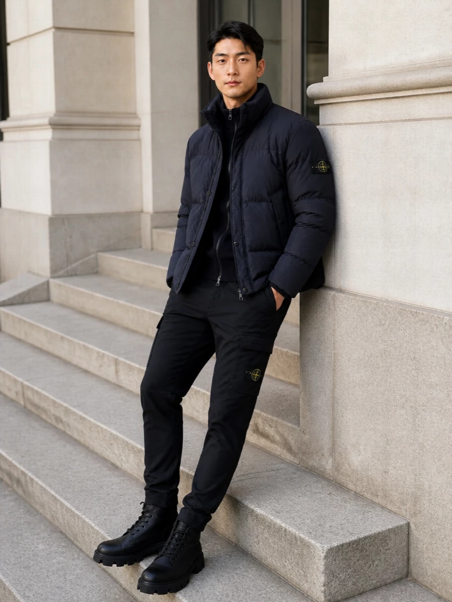 Stone island navy puffer black cargo outfit