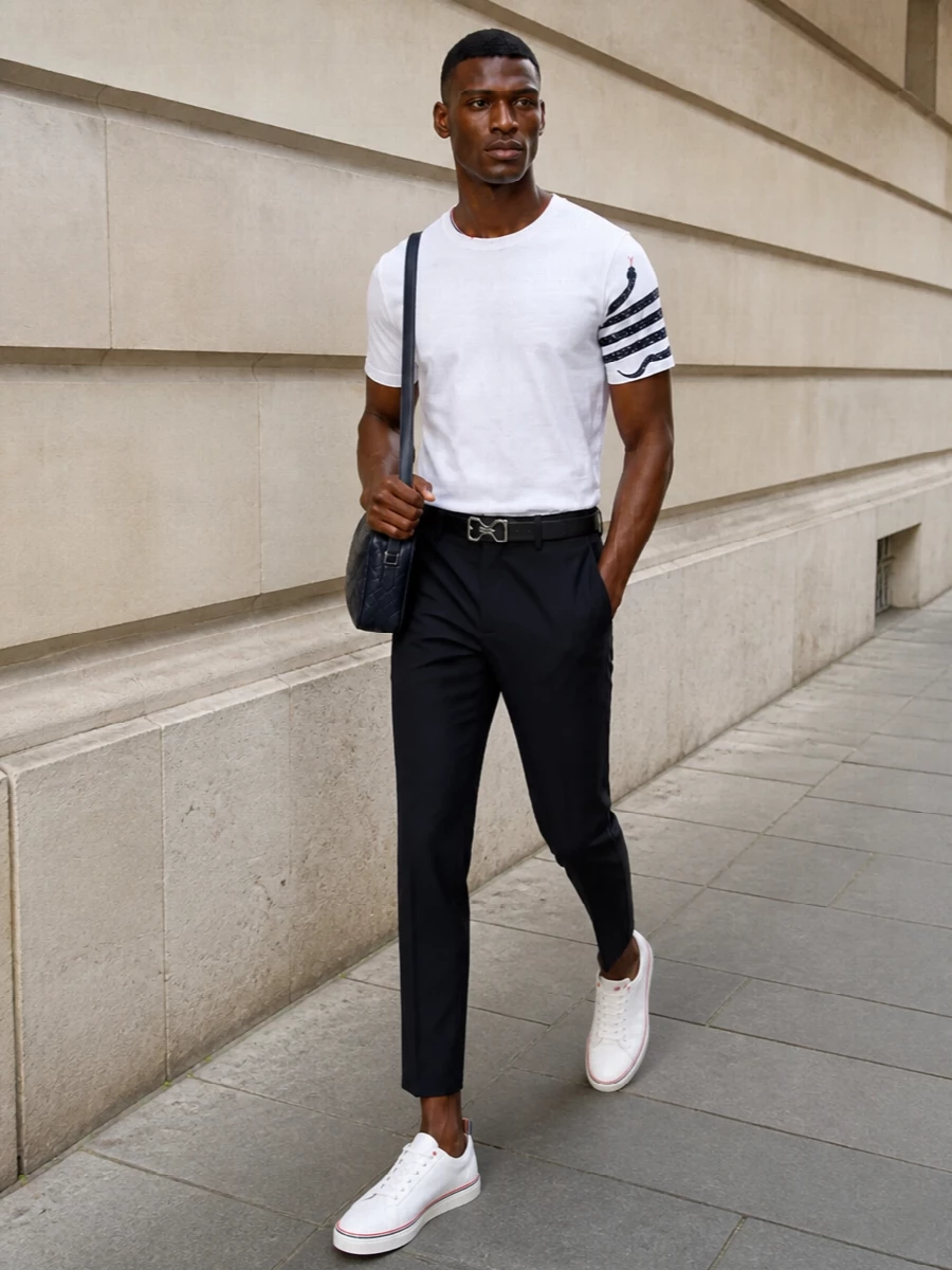 This look leans into Thom Browne’s modern-uniform idea: the crisp white tricolour tee paired with slim cropped navy tailoring for a sharp, collegiate SS silhouette. Clean white low-top sneakers keep it relaxed yet precise, while the navy Bottega crossbody and a sleek black belt add quietly luxurious structure without distracting from the refined preppy lines.