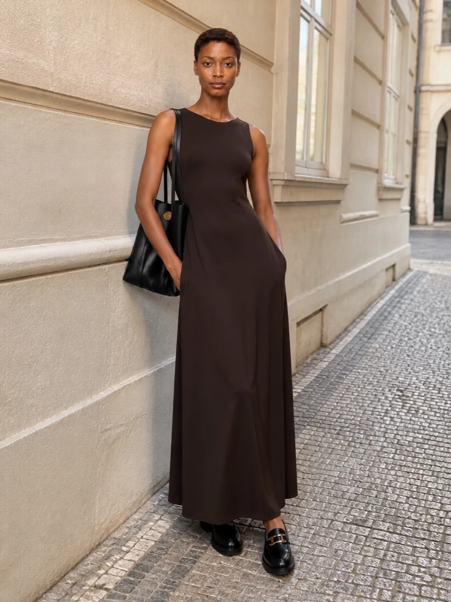 A deep chocolate column dress paired with black loafers gives this tote a quietly polished, city-ready partner that works from office to dinner. The choice to anchor everything with the dress rather than separates keeps the line long and clean, letting the structured black bag and gold hardware read as intentional accents. It is minimalist, subtly preppy, and seasonless without feeling flat.