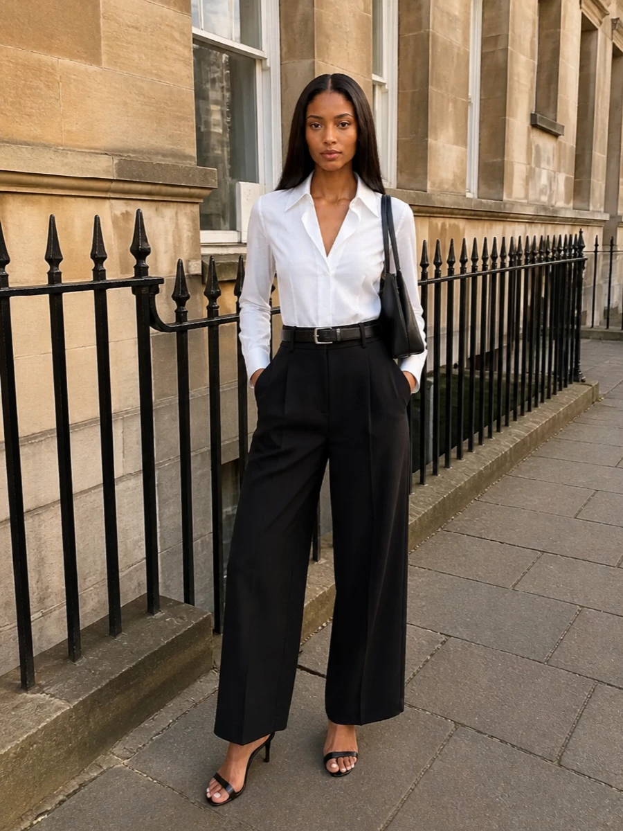 Givenchy white shirt black wide leg trousers