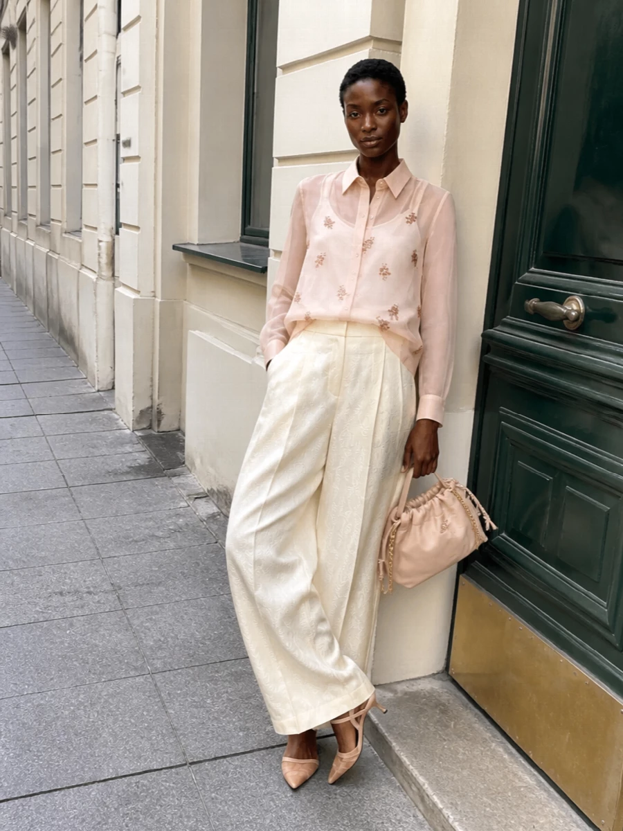 Fendi sheer blush blouse wide leg jacquard pants