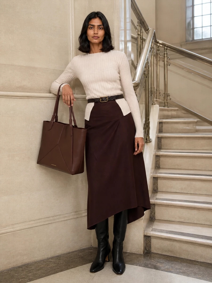 Victoria beckham cream sweater chocolate midi skirt