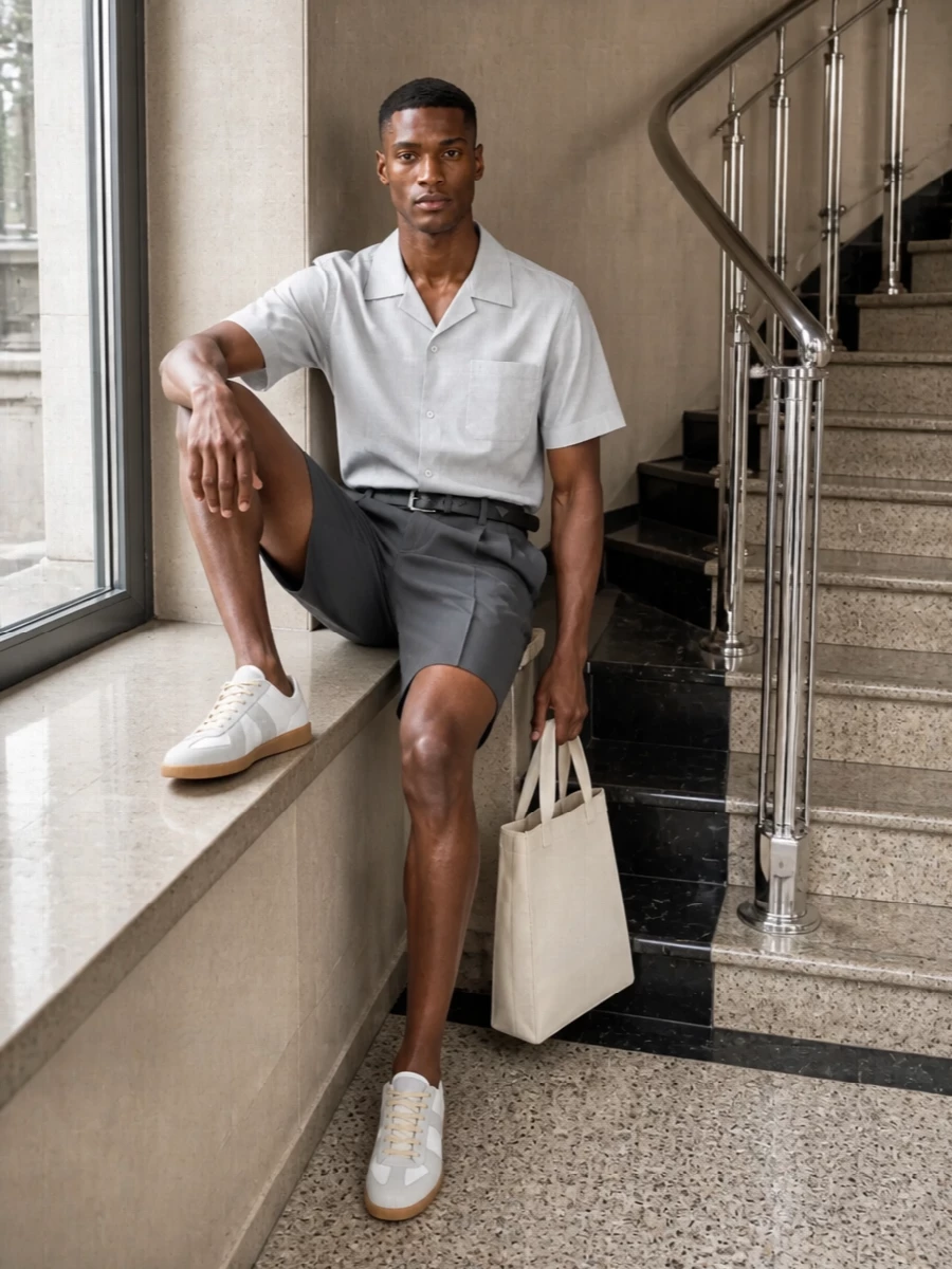 Maison margiela charcoal shorts white camp shirt