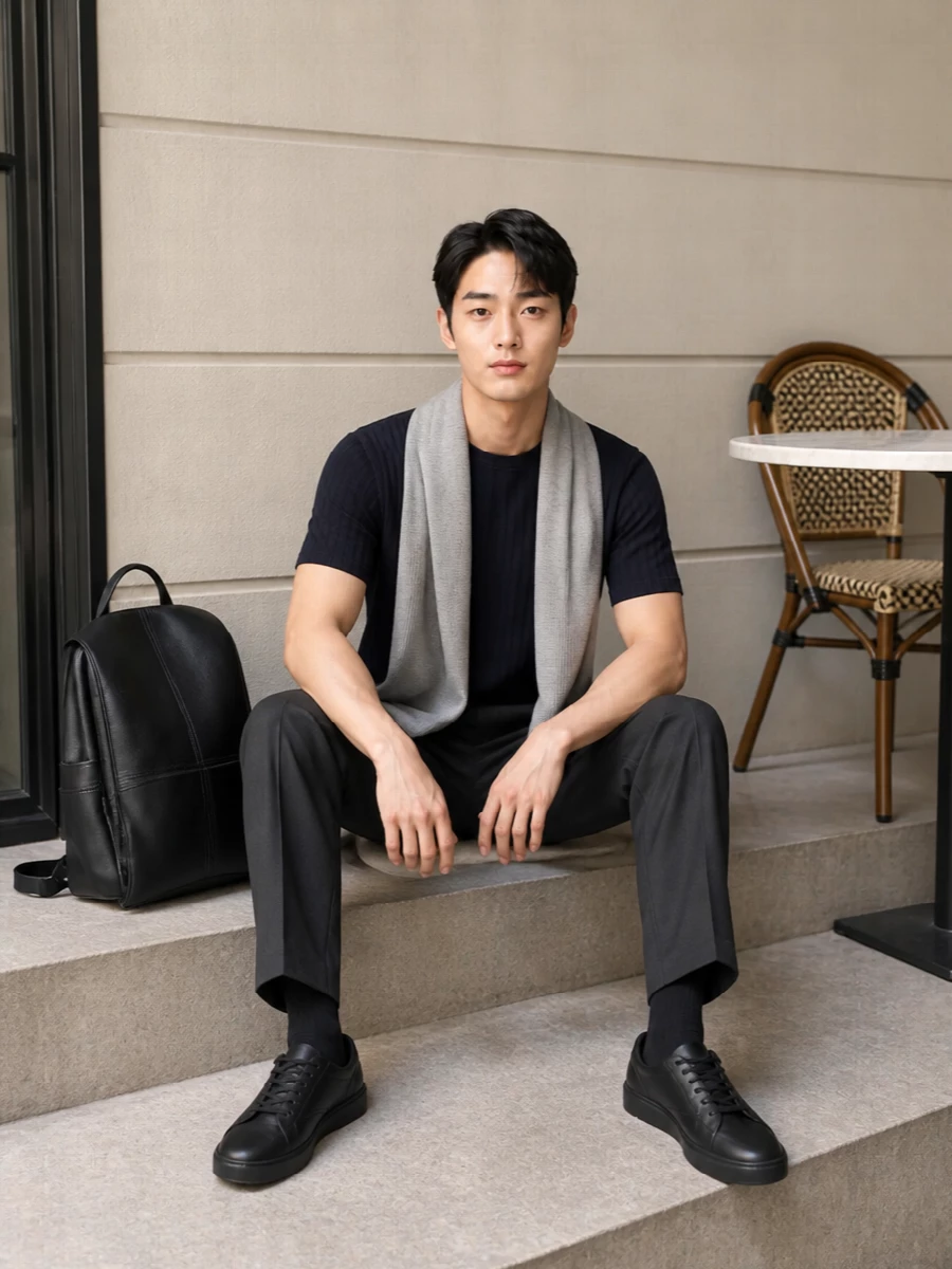 Emporio armani navy tee charcoal trousers outfit