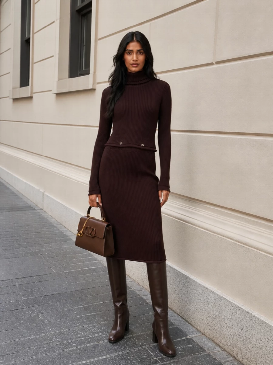 This pairing leans into a monochrome brown story, letting the ribbed knit midi and structured Valentino bag read as one calm, continuous line. The knee-high boots keep everything sleek and city-ready, so the textures and tailoring do the talking without relying on overt branding. Choosing the dress route over separates preserves that uninterrupted column, which is exactly what makes the chocolate tones feel so considered and luxurious here.