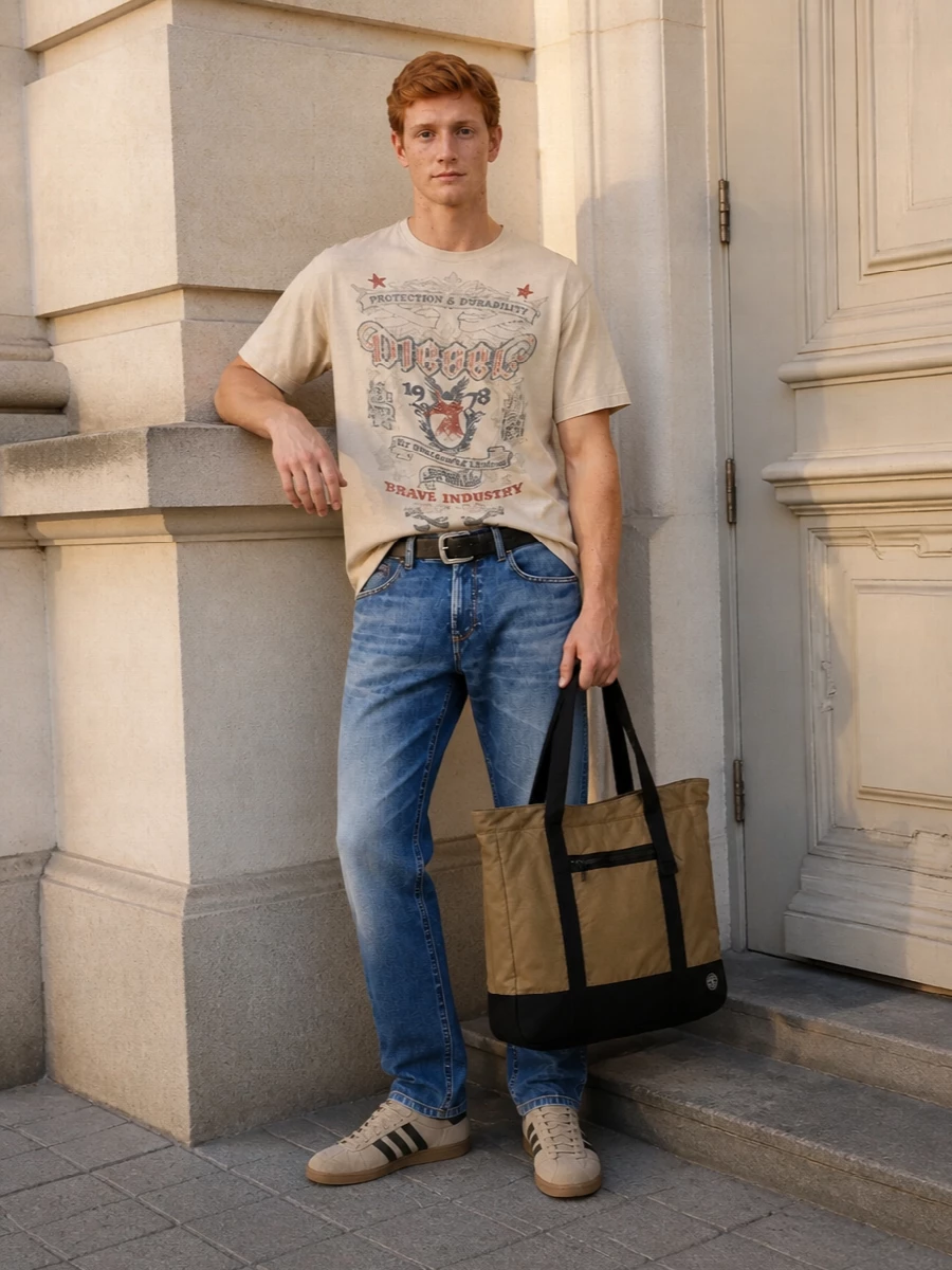 Faded blue Diesel denim meets a washed beige graphic tee for a soft, vintage-feeling streetwear mix that still feels clean and intentional. Sand and olive terrace sneakers and a khaki technical tote pull the palette into warm, utilitarian territory, while the statement Diesel belt injects a quiet Y2K accent at the waist. The result is an easy off-duty uniform with just enough attitude and texture to feel considered from morning to late-night city runs.