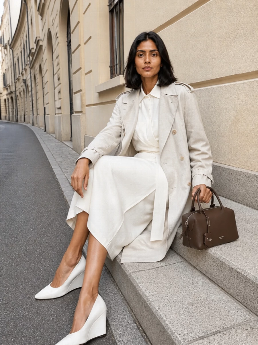 Max mara trench coat white wrap dress outfit
