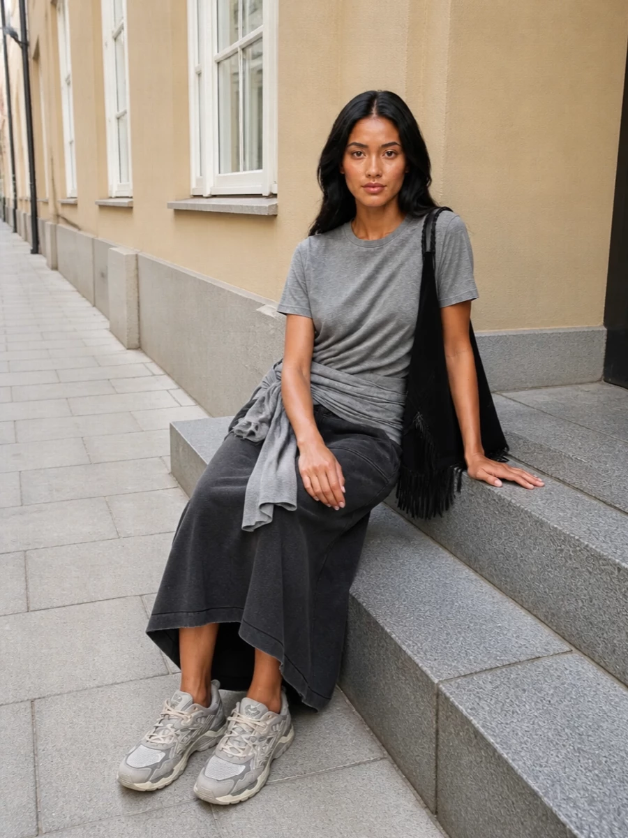 Heathered greys stack in soft, asymmetric layers, with the knotted tee and raw midi skirt creating a draped, almost wrapped silhouette. Chunky neutral runners keep it grounded and easy for the city, while the fringed suede hobo adds a subtle boho sway in deep black. The result feels relaxed, sculptural and quietly directional without tipping into fussiness.