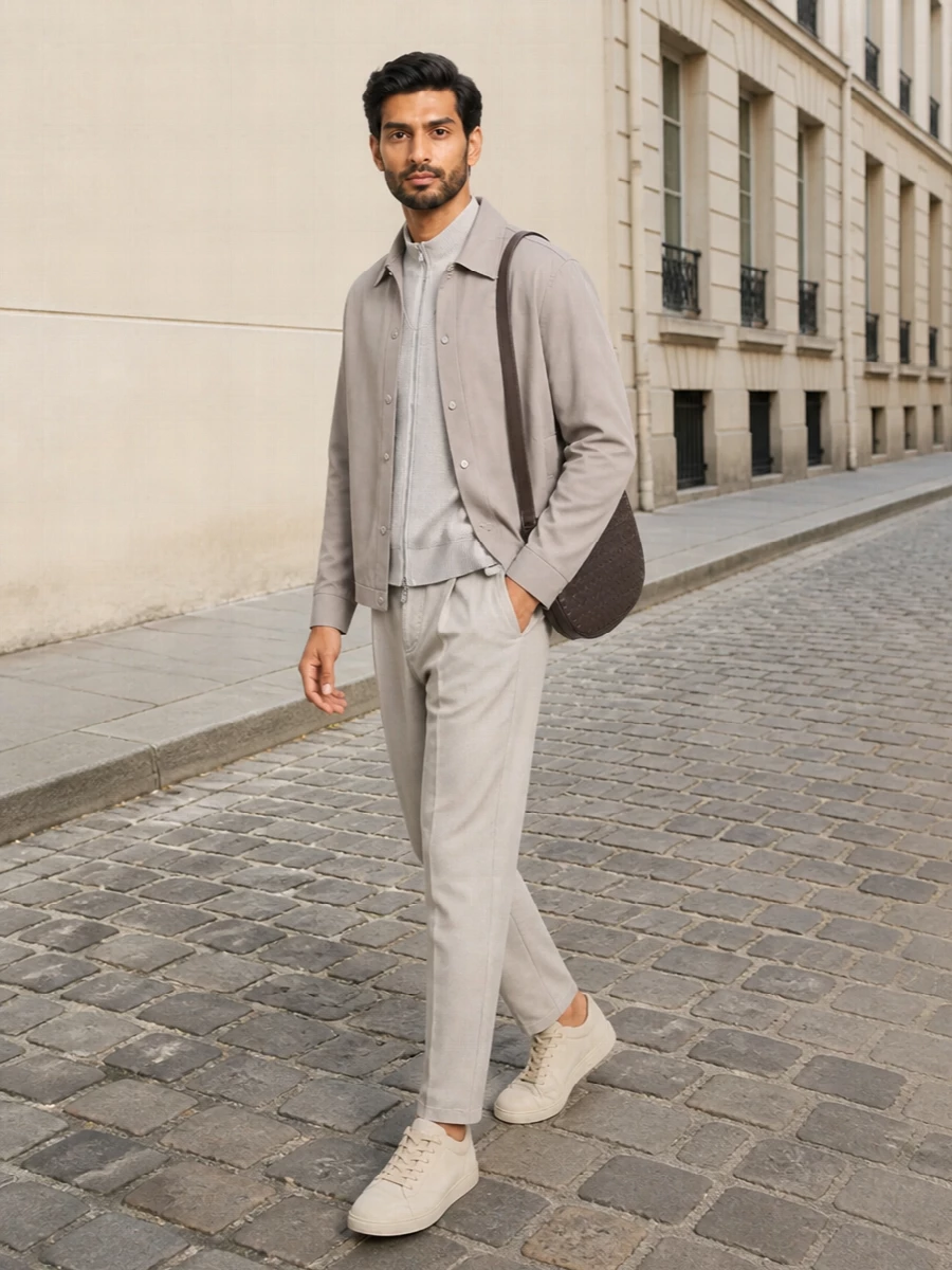 Bottega veneta taupe jacket stone trousers outfit