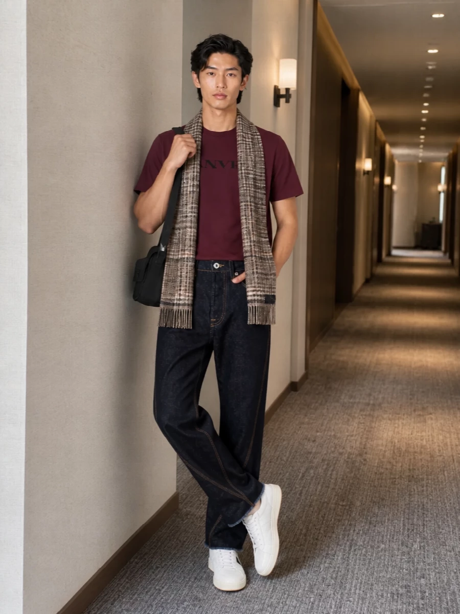 Lanvin burgundy tee dark jeans white sneakers