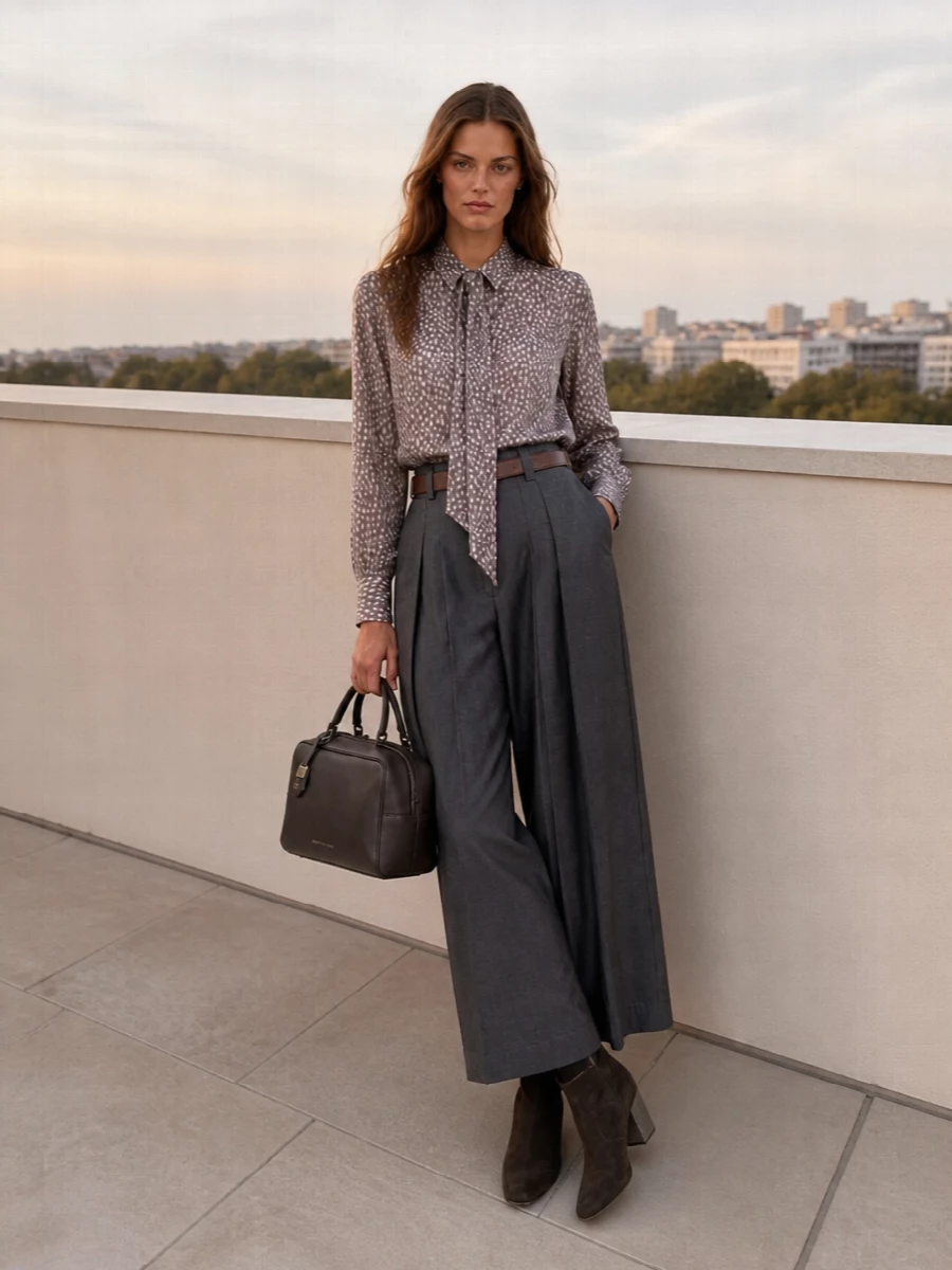 Brunello cucinelli tie neck blouse charcoal trousers