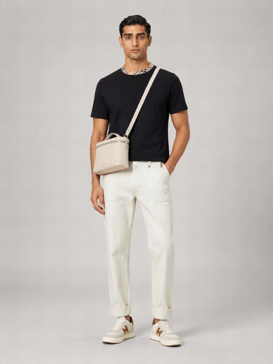 Burberry Cotton Check Trim Crew Neck T-Shirt