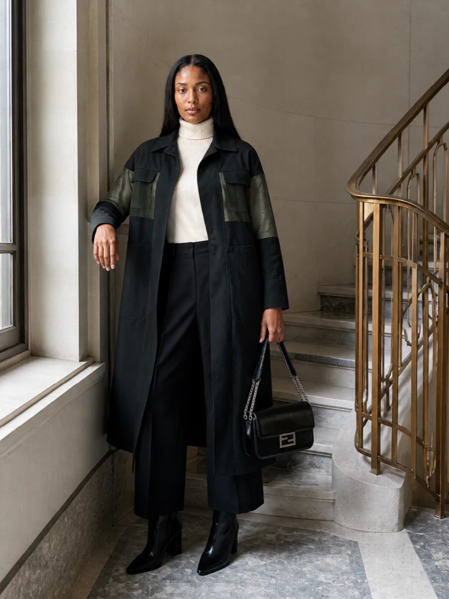 Fendi charcoal coat ivory knit wide leg pants