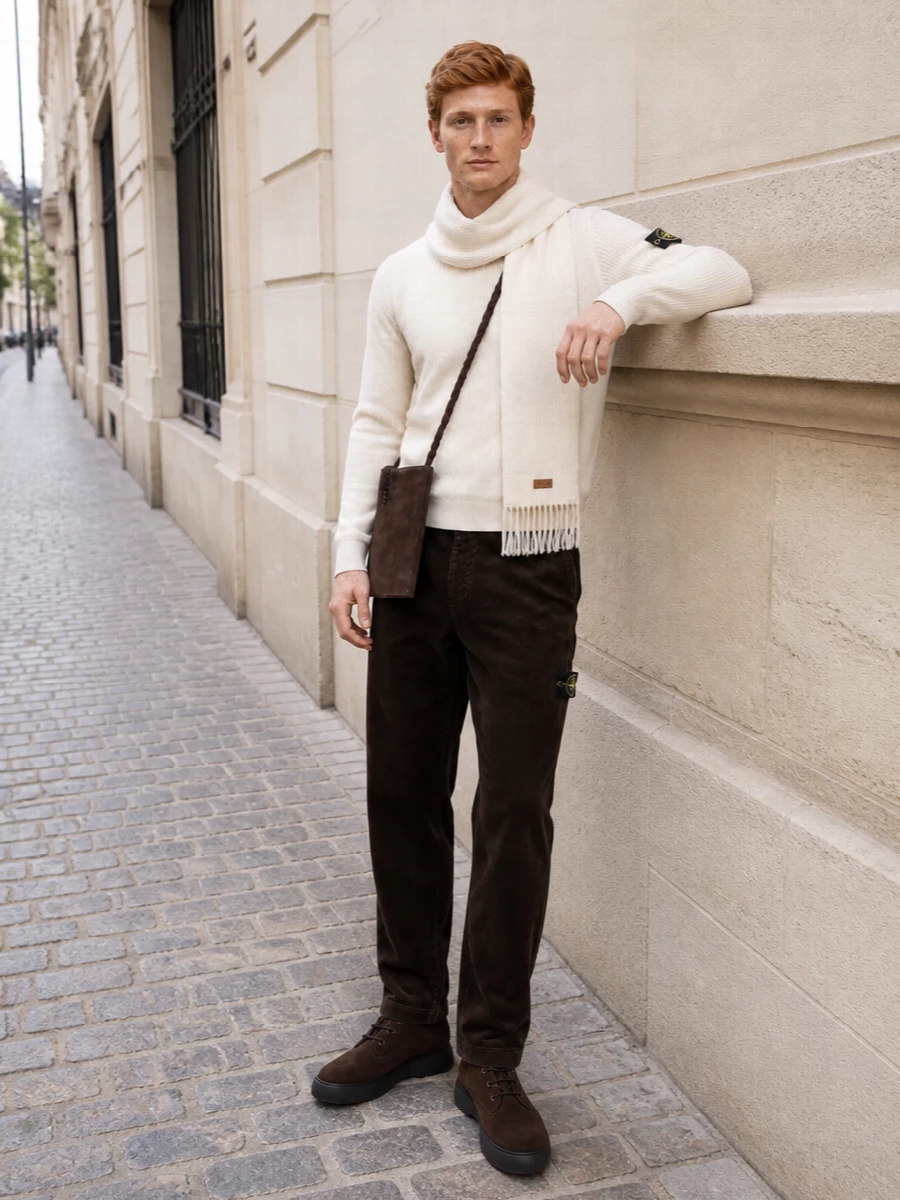 Stone island corduroy trousers cream knit brown boots