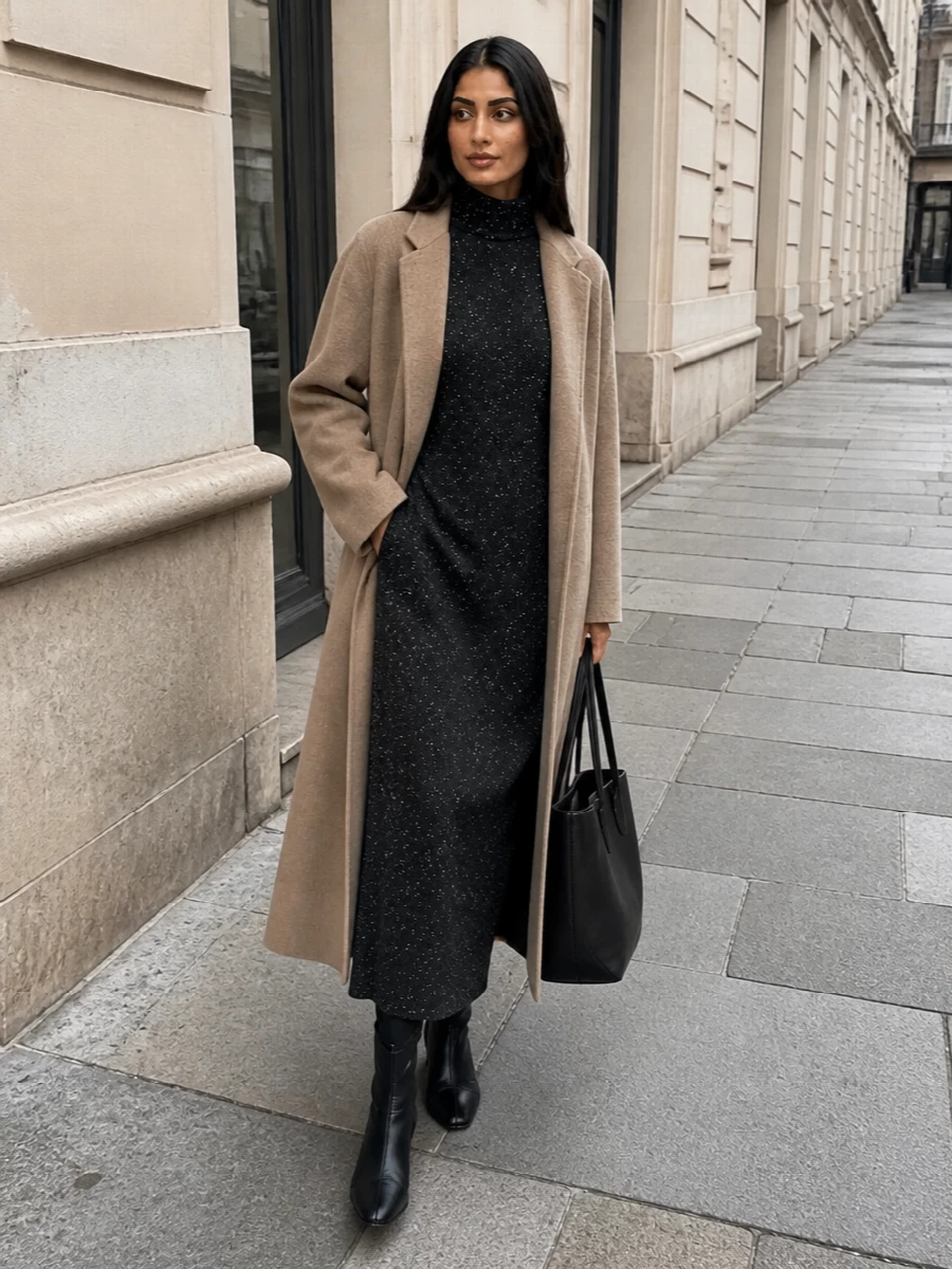 This look leans into The Row’s quiet rigor: a speckled charcoal knit column under the brushed camel coat creates a long, uninterrupted silhouette that feels cocooning yet precise. Black sock boots and a sculpted black tote vanish into the line, letting the interplay of texture and proportion carry the outfit for FW days that move from office to dinner with ease. I chose the dress path over separates to keep the styling ultra-clean and to underscore the coat’s fluid, architectural presence.