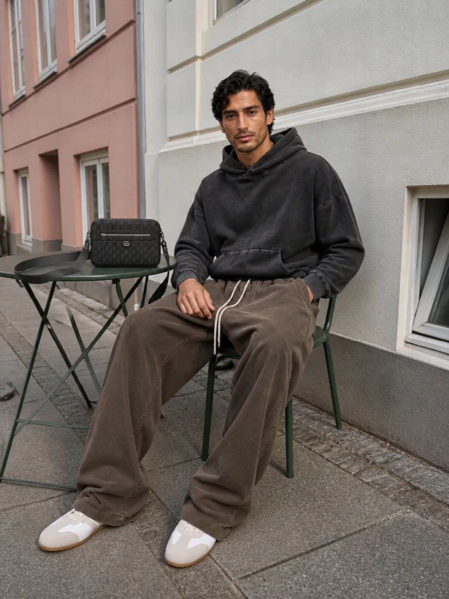 Ultra-wide taupe Rick-style trousers pool over slim off white trainers, with a washed charcoal oversized hoodie cropping the volume at the torso for a grounded, street-heavy silhouette. The muted neutral palette keeps everything in the same dusty spectrum while the structured charcoal crossbody adds a sharp, city-ready finish without breaking the underground mood. It feels like considered streetwear that still leans quietly luxe rather than logo-led hype.