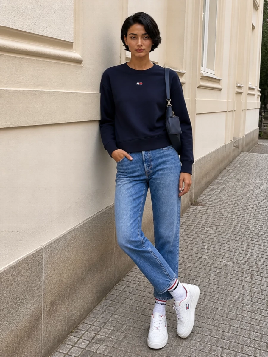 Tommy hilfiger sweatshirt jeans white sneakers