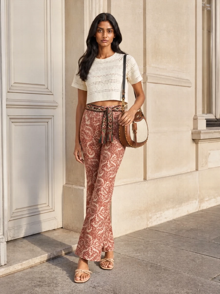 Terracotta paisley and soft ivory crochet keep the mood relaxed and romantic while the high waist and cropped proportion stay sharp enough for the city. Barely there beige slides and a woven leather-trimmed hobo keep everything light, textured, and easy from brunch to gallery wandering. The woven belt quietly echoes the print, defining the waist without interrupting the flow of the flare.